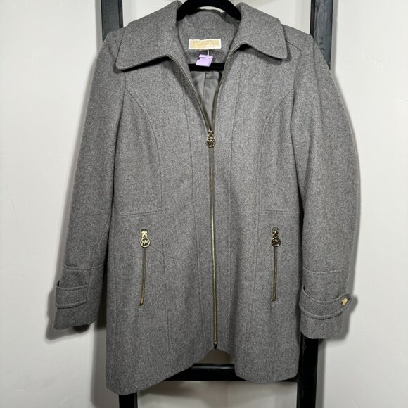 Michael Kors Gray Wool Blend Zip-Up Coat with Gold Hardware - Picture 2 of 12